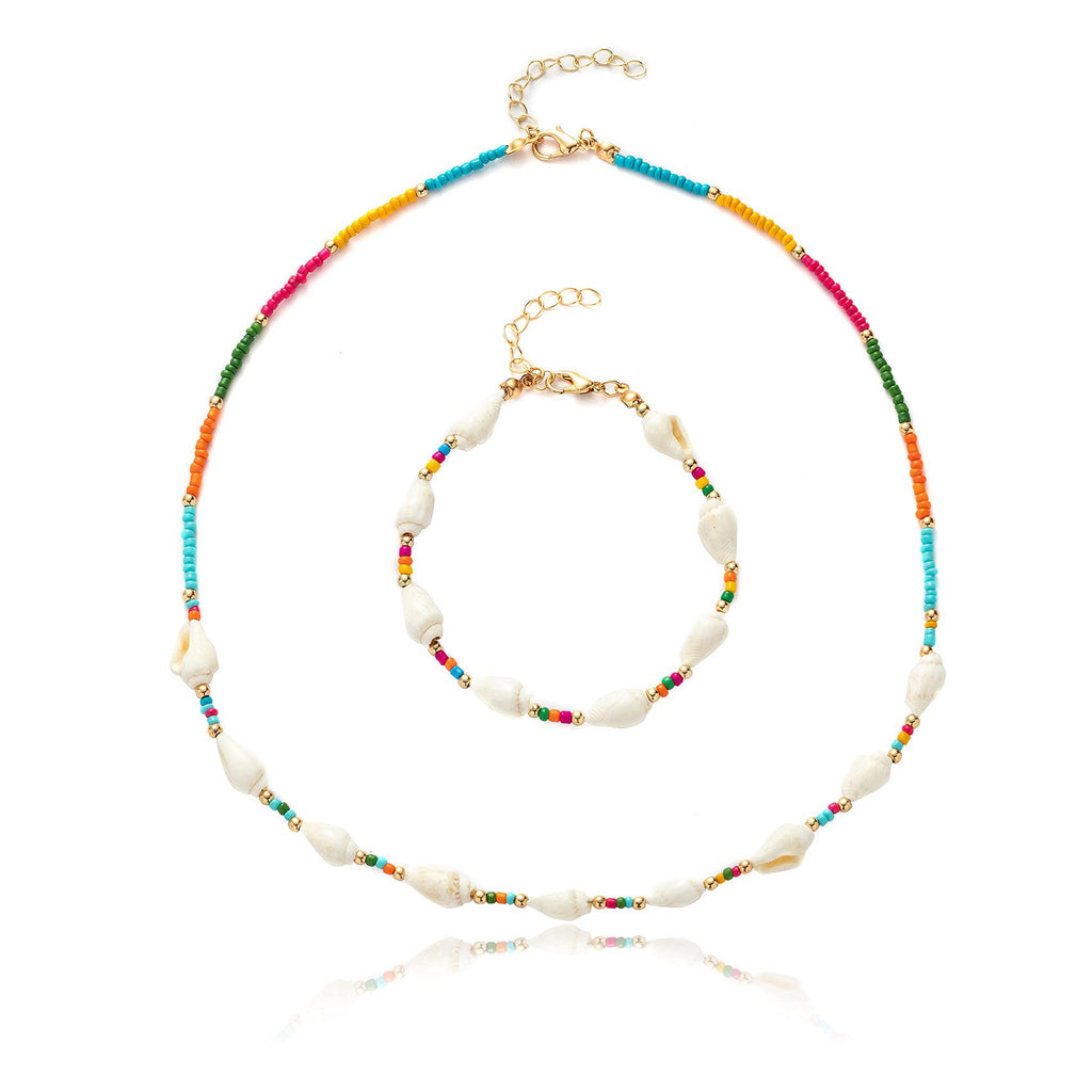 [Australia] - Senteria Bohemian Bead Pearl Choker Necklace Bracelet for Women Handmade Colorful Shell Seed Bead Choker Necklace Set for Women 