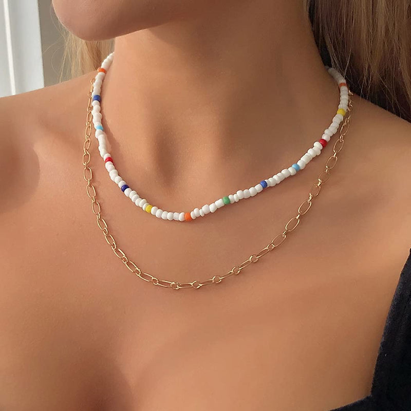 [Australia] - Ushiny Boho Bead Necklace Gold Chain Necklaces Layered Colorful Beaded Necklace Jewelry for Women and Girls 