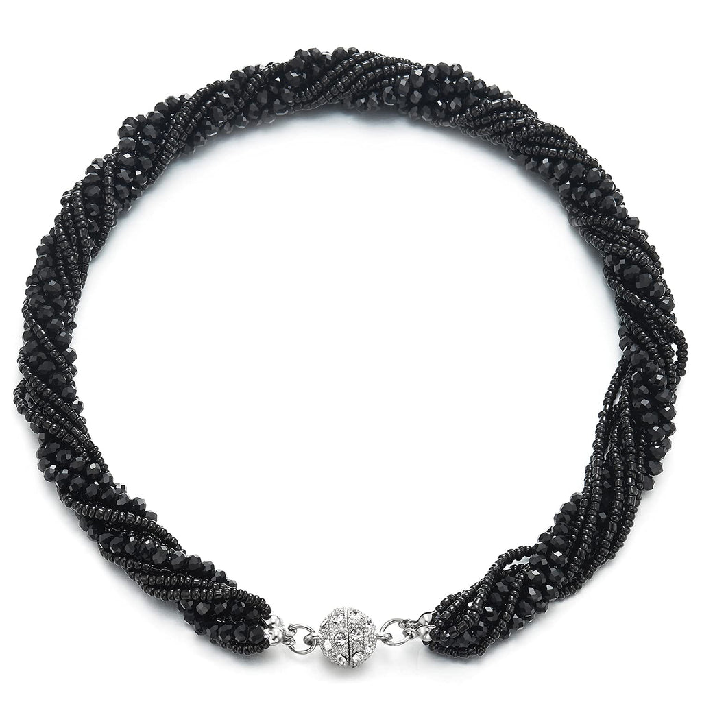 [Australia] - COOLSTEELANDBEYOND Dark Blue Statement Necklace Multi-Layer Beads Crystal Braided Chain Choker Collar Magnetic Clasp Bead Color: Black 