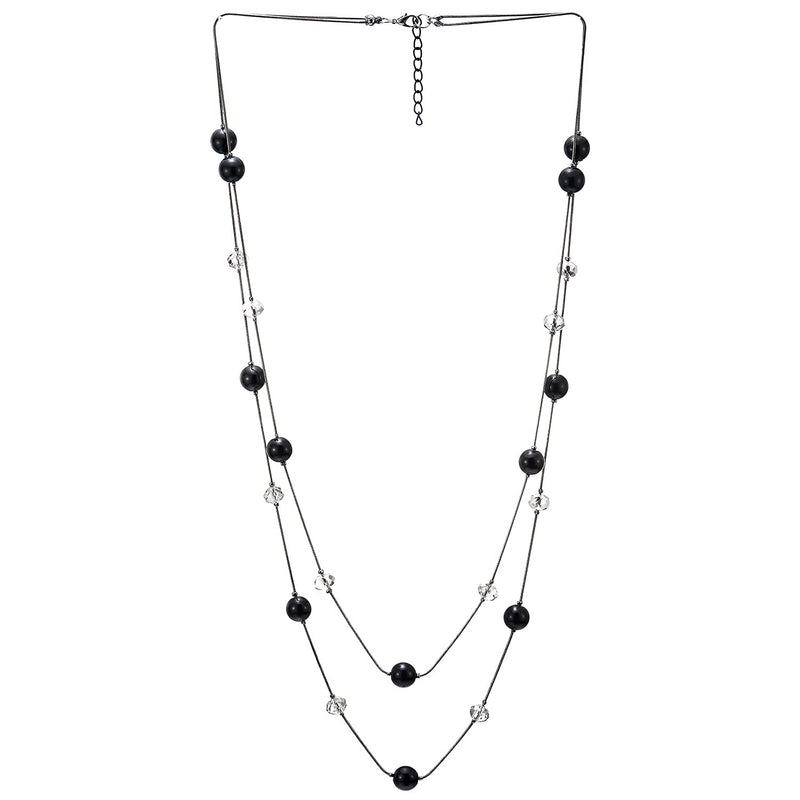 [Australia] - COOLSTEELANDBEYOND Black Statement Necklace Two-Strand Long Chains with Transparent Crystal Beads Charms, Fashionable 
