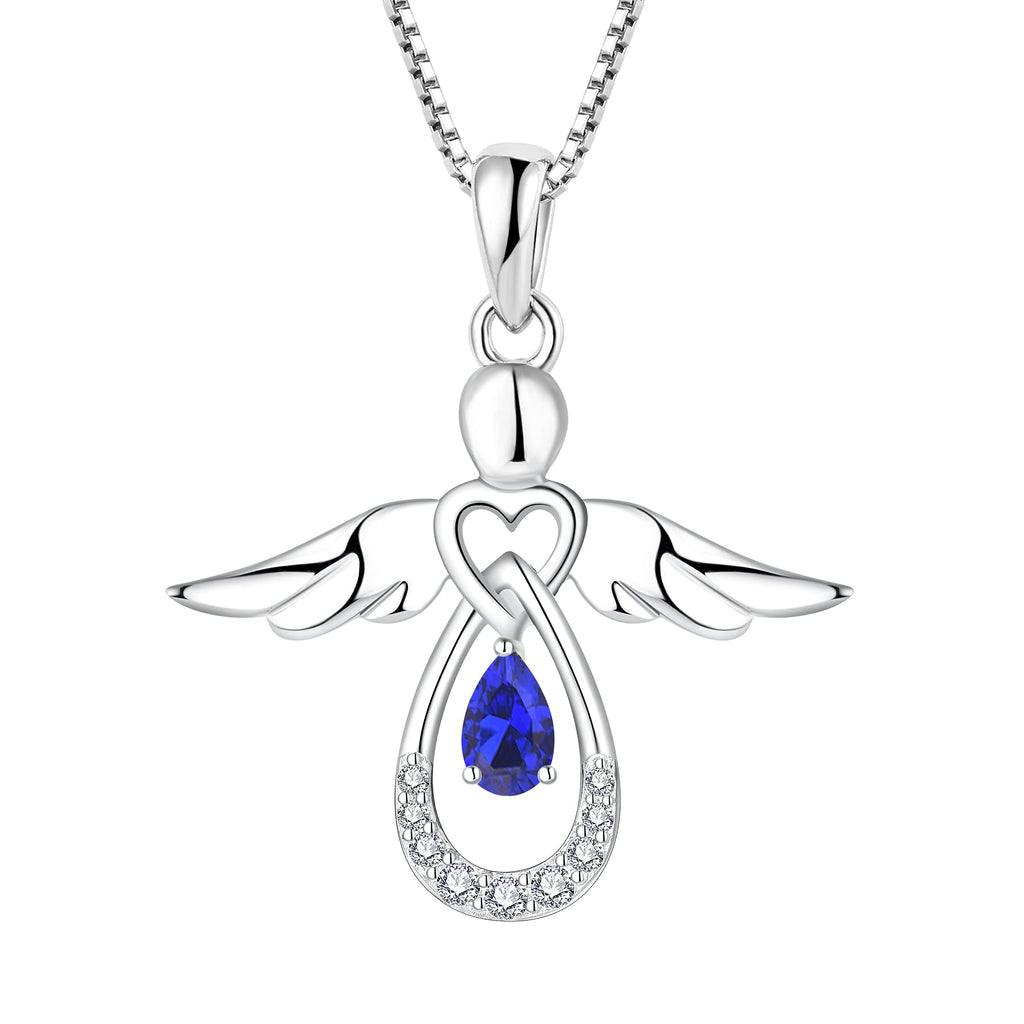 [Australia] - FJ Guardian Angel Pendant Necklace 925 Sterling Silver Birthstone Cubic Zirconia Necklace Jewelry Gifts for Women Girls September - Sapphire 