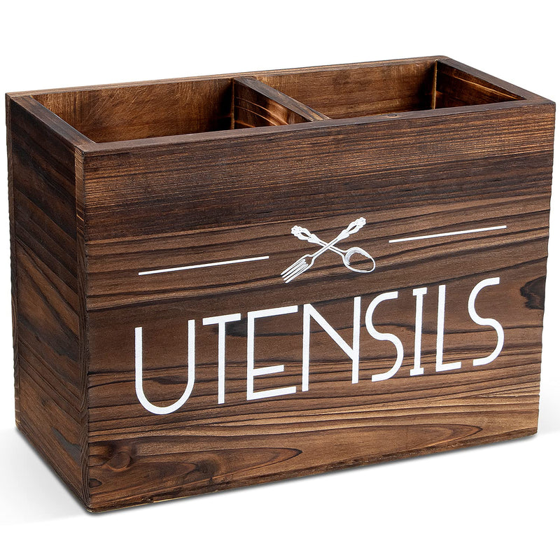 [Australia] - PUERSI Wooden Kitchen Utensil Holder, Utensil Organizer for Countertop, Rustic Wood for Farmhouse Kitchen Decor, Farmhouse Utensil Caddy with 2 Compartments (Brown) 