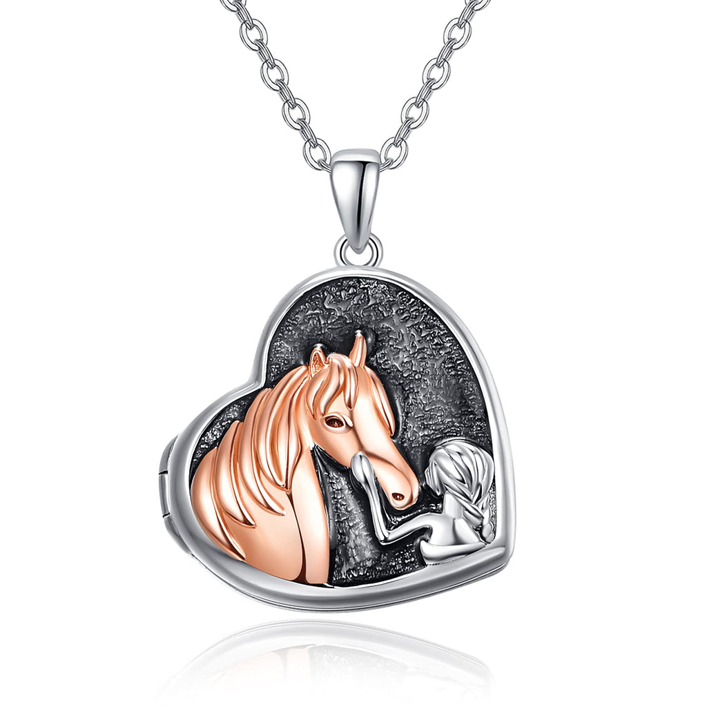 [Australia] - 925 Sterling Silver Heart Locket Necklace Girls Embrace Horse Pendant that Holds Picture Photos Gift Personalized Jewelry for Women Horse and girl 