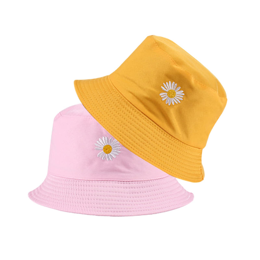 [Australia] - SUNTRADE Unisex Bucket Hat,Double-Side-Wear,Embroidery Hat Summer Travel Beach Sun Visor Outdoor Packable Cap PINK-YELLOW 