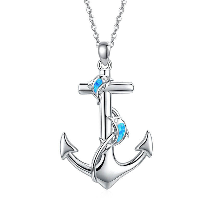 [Australia] - Anchor Necklaces for Women, 925 Sterling Silver Dolphins Opal Rope Nautical Anchor Pendant Necklace Jewelry with Rolo Chain 18" Gift Box Blue Opal 