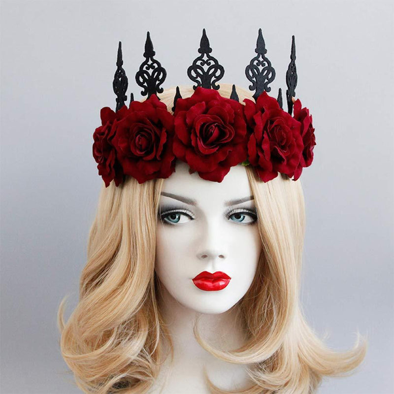 [Australia] - Gothic Floral Crown Headband Bridal Flower Garland Headband Hair Wreath Garland Floral Headpiece with Ribbon Women Girls Flower Tiara Hair Accessories for Wedding Cosplay Halloween Party Photography Wine Red 