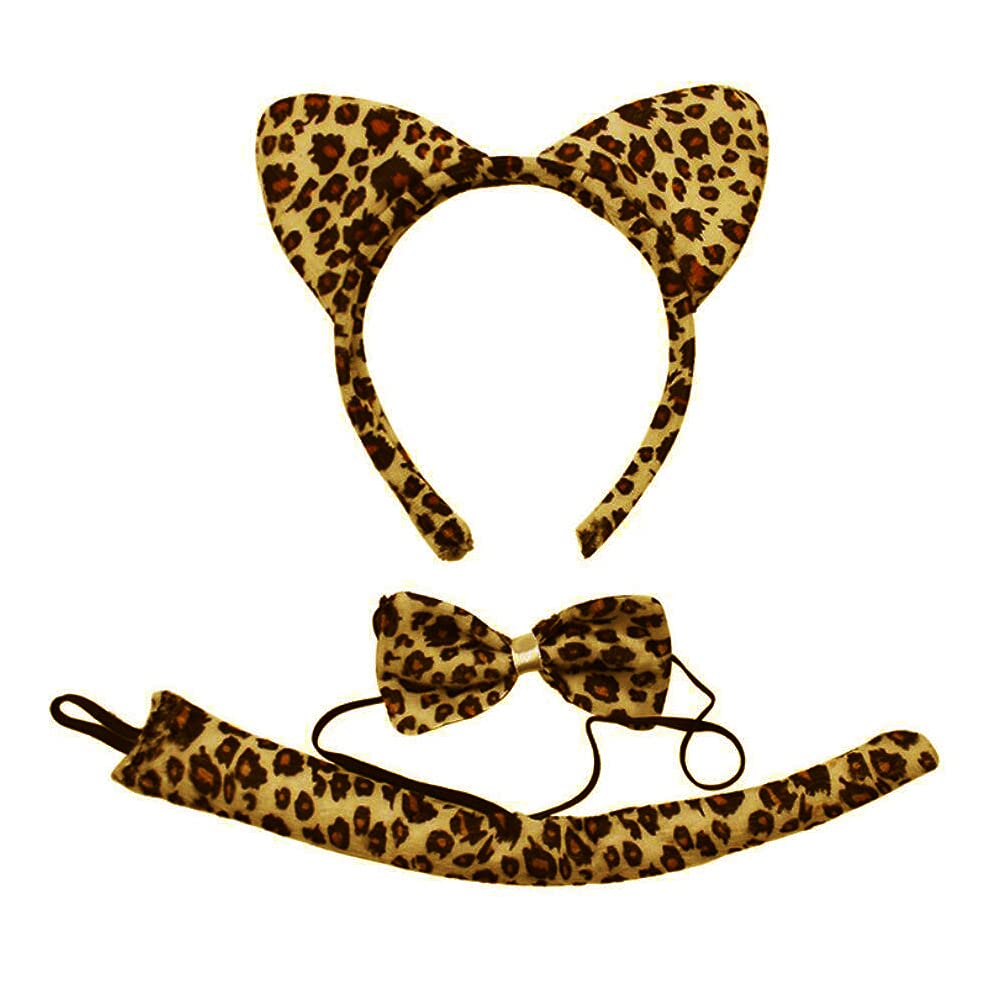 [Australia] - Set of 3 Pcs Animal Costume Set Leopard Ears Headband and Tail Bow Tie Childrens Performance Accessories for Fancy Dress Cosplay Party (Leopard) 