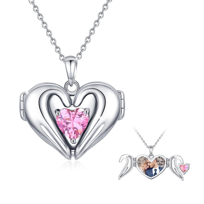 [Australia] - Heart Locket Necklace 925 Sterling Silver Love Hands Locket Necklace for Women Family Locket Pink Heart Photo Pendant Necklace for Girls Valentine's Day Gifts for Women Wife Girlfriend Silver Locket 