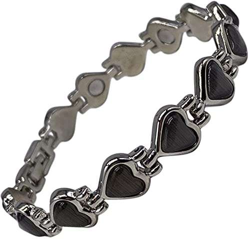[Australia] - Helena Rose Ladies Magnetic Bracelet for Women - Steel Grey Black Heart Design - Valentines Day Jewellery - Fits Wrists up to 18cm Adjustable - with Jewellery Gift Box 