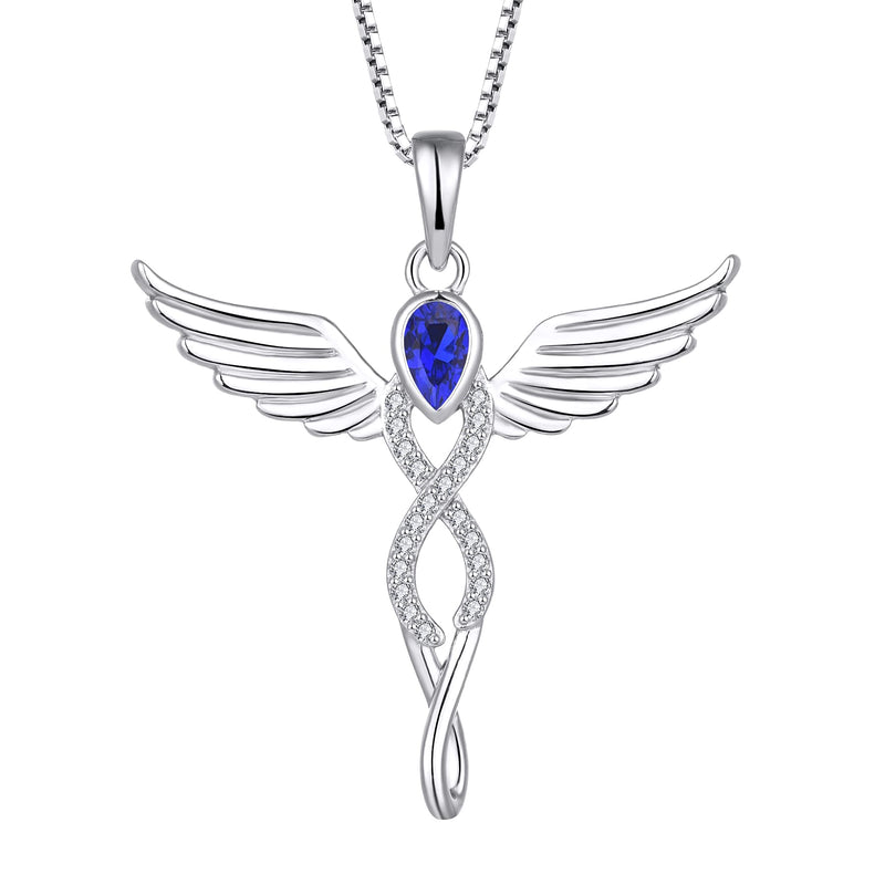 [Australia] - FJ Cross Angel Wing Necklace Infinity Guardian Angel Pendant Necklace 925 Sterling Silver Birthstone Cubic Zirconia Necklace Jewellery Gifts for Women Girls September - Sapphire 