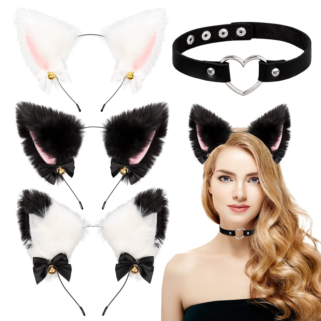 [Australia] - Whaline 3pcs Cat Ear Headband with Heart Chocker Necklace White Black Plush Furry Cat Ear Hair Band with Ribbon Bow Bell for Girls Women Adult Kids Cosplay Party Fancy Dress Halloween Drama 