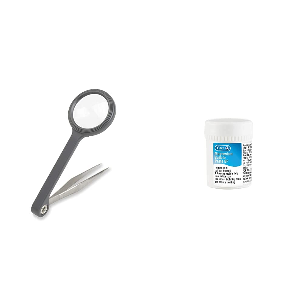 [Australia] - CARSON MG-55 MagniGrip 4.5x Magnifier with Attached Fine Point Tweezers, Grey & Care Magnesium Sulphate Paste 50g + Magnesium Sulphate Paste 