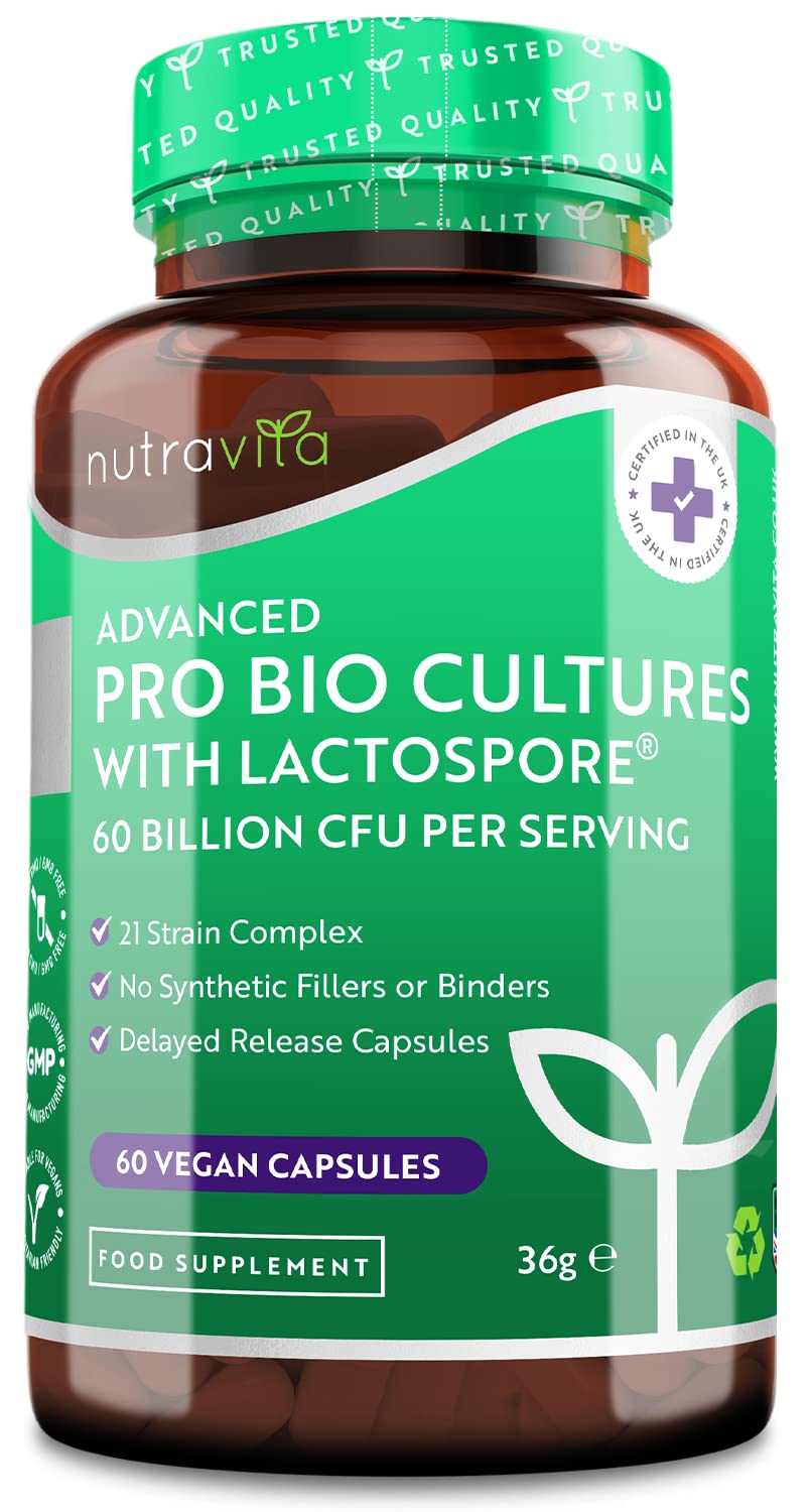 [Australia] - 60 Billion CFU Pro Bio Cultures Complex - Vegan Multi-Strain Live Digestive Enzyme Supplement for Men & Women - Super Strength Bacterial Cultures - 60 Capsules - Made in The UK - Nutravita 
