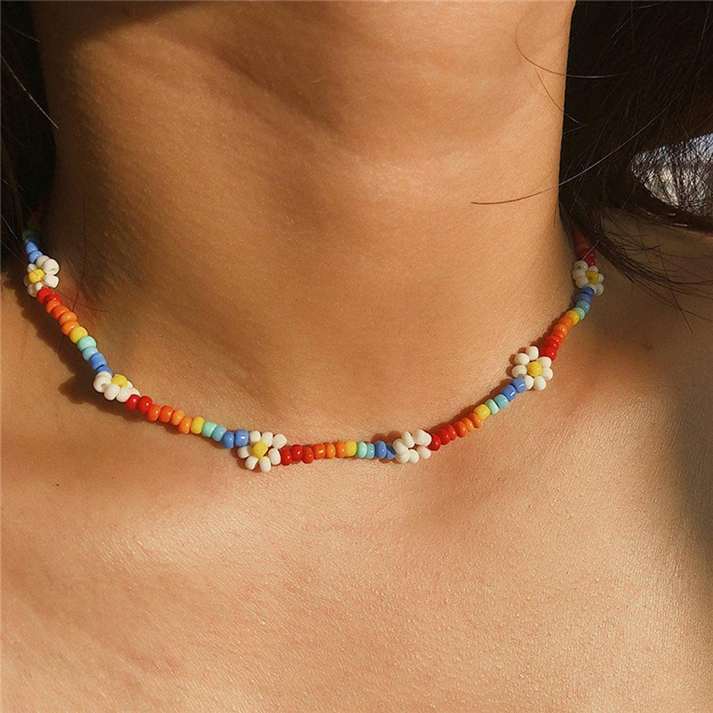 [Australia] - Ushiny Boho Beaded Choker Necklace Colorful Flower Necklace Summer Necklaces Party Jewelry for Women and Girls Rainbow 