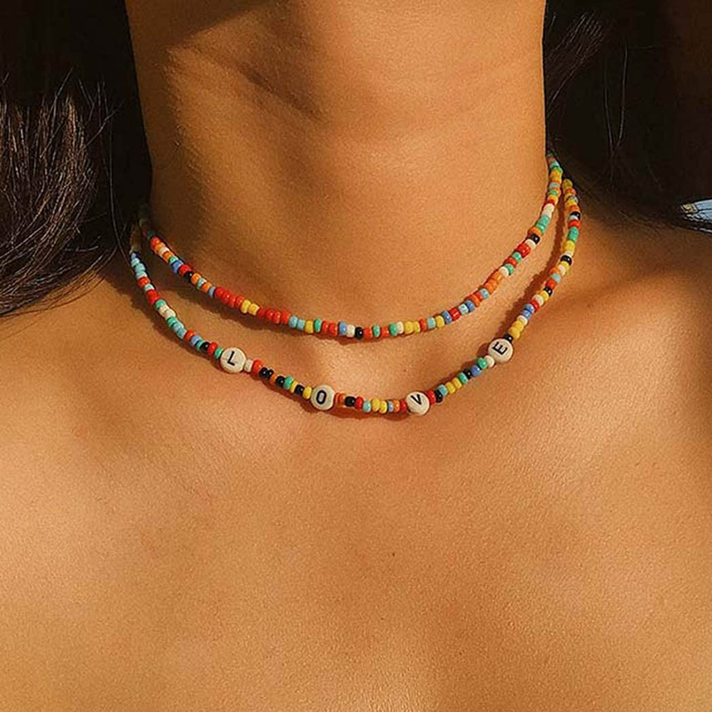 [Australia] - Ushiny Boho Beaded Choker Necklaces Colorful Layered Neckaces Bead Necklace Summer Jewelry for Women and Girls 