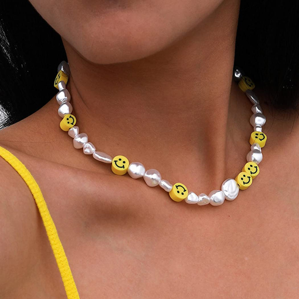 [Australia] - Ushiny Boho Beaded Pearl Necklaces Pearl Chunky Necklace Smiley Short Choker Necklace Jewelry for Women and Girls 