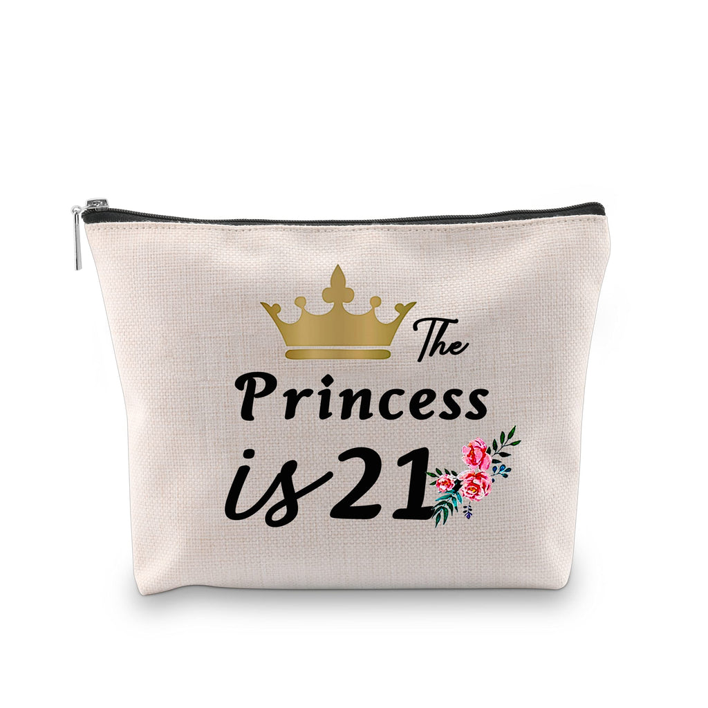 [Australia] - PXTIDY 21st Birthday Makeup Bag Gift The Princess is 21 Cosmetic Bag Travel Toiletry Case Pencil Bag with Zipper Gift for 21 Years Old Girl (Beige) Beige 