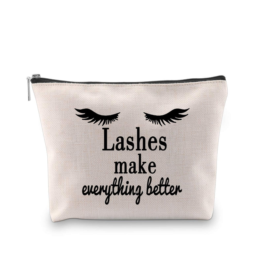 [Australia] - PXTIDY Eyelashes Quote Makeup Bag Lashes Make Everything Better Cosmetic Bag Girls Makeup Pouch Travel Bags (Beige) 