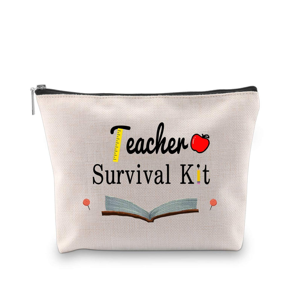 [Australia] - PXTIDY Teacher Survival Kit Teacher Appreciation Gifts Makeup Pouch Cosmetic Bag for Women Teacher Bag Teacher Supplies for Classroom Best Teacher Ever Gift (Beige) Beige 