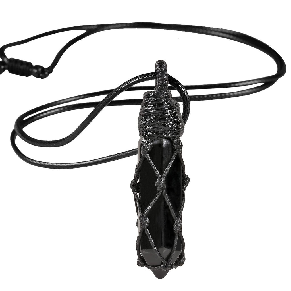 [Australia] - Nupuyai Hexagonal Quartz Crystal Point Pendant Necklace for Women Men, Natural Healing Crystal Wrapped Stone Pendulum Pendant with Adjustable Rope 65cm #1-Obsidian 