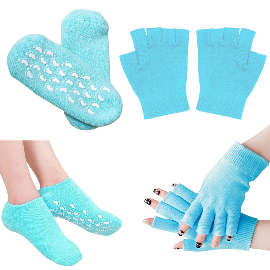 [Australia] - Foot Moisturising Socks Elastic Anti-slip Cotton Hand Moisturising Gloves Blue 1 Pairs Socks + 1Pairs Gloves (Women UK 2-9) 