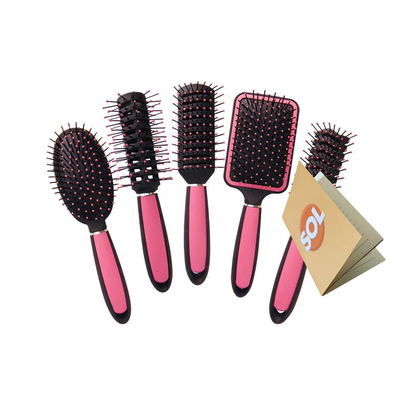 [Australia] - 5pk Hair Brush Set | Includes a Paddle Brush, Cushion Brush, Zig Zag Brush, Round Brush and Vented Brush | Silky Smooth Pink Hair Brushes | Includes SOL Notebook 