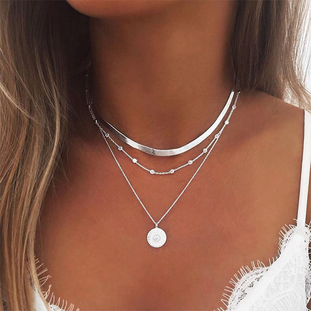 [Australia] - Sttifay Bohemian MultiLayered Disc Pendant Necklace Metal Beads Choker Necklace Snake Link Chain Collar Necklace Jewelry for Women and Girls 