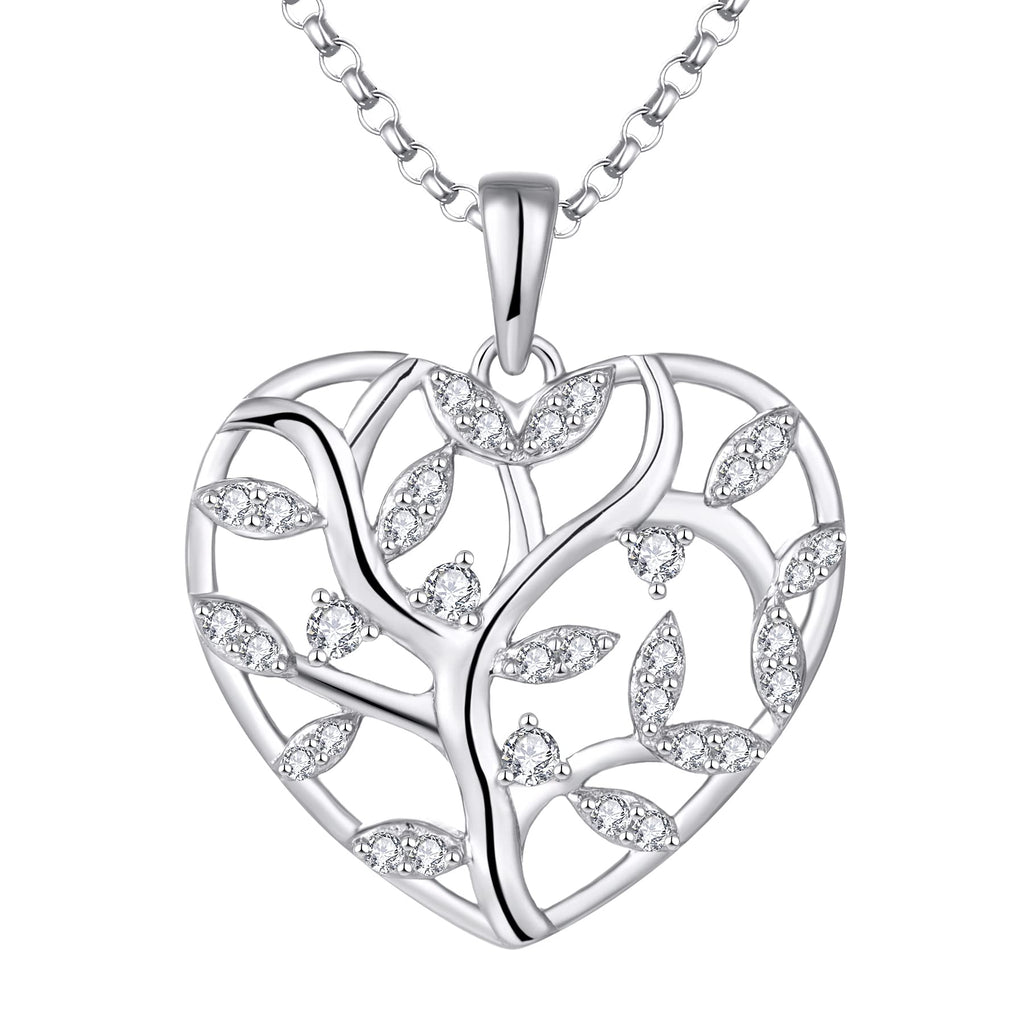 [Australia] - JO WISDOM Women Heart Necklace,925 Sterling Silver Tree of Life Yggdrasil Pendant Necklace with 3A Cubic Zirconia,Jewelry for Women White Gold Color 