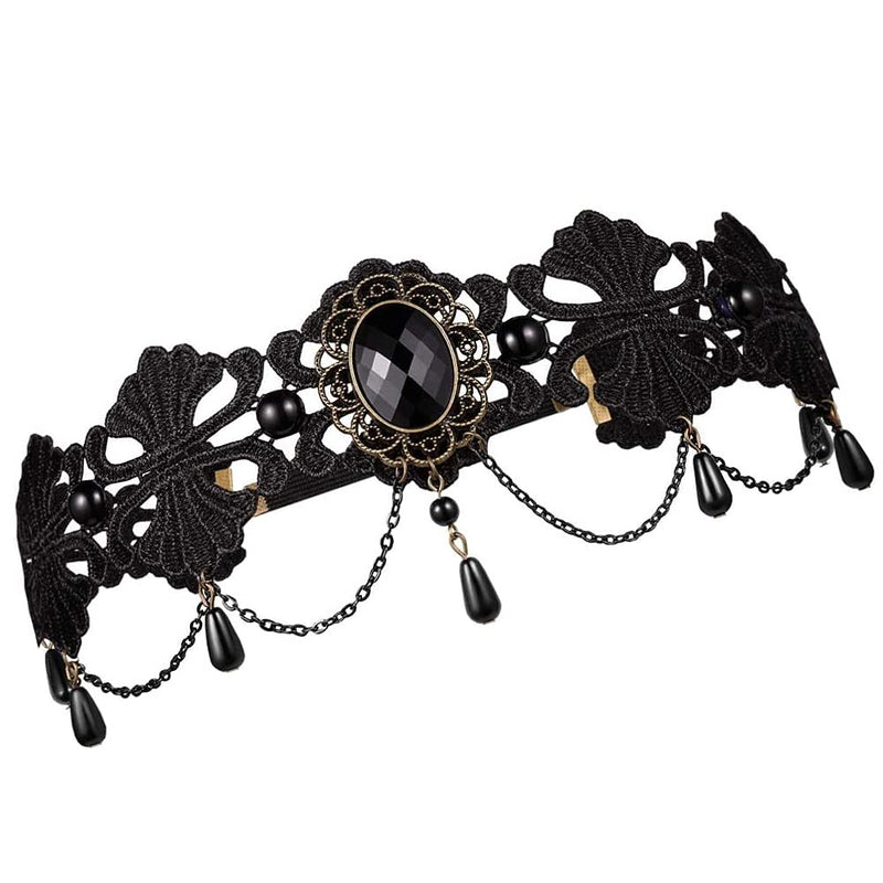 [Australia] - Lace Headband Gothic Crystal Flower Forehead Chain Vintage Headpiece Elastic Crown Headpieces for Halloween Cosplay Party 