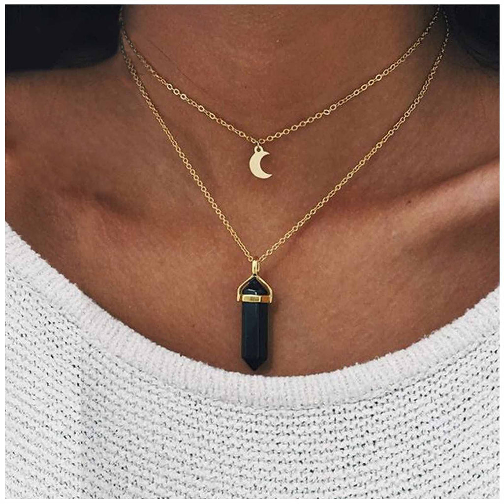 [Australia] - Yheakne Boho Layered Moonstone Necklace Chain Gold Moon Pendant Necklace Black Hexagonal Stone Necklace Jewelry for Women and Girls 