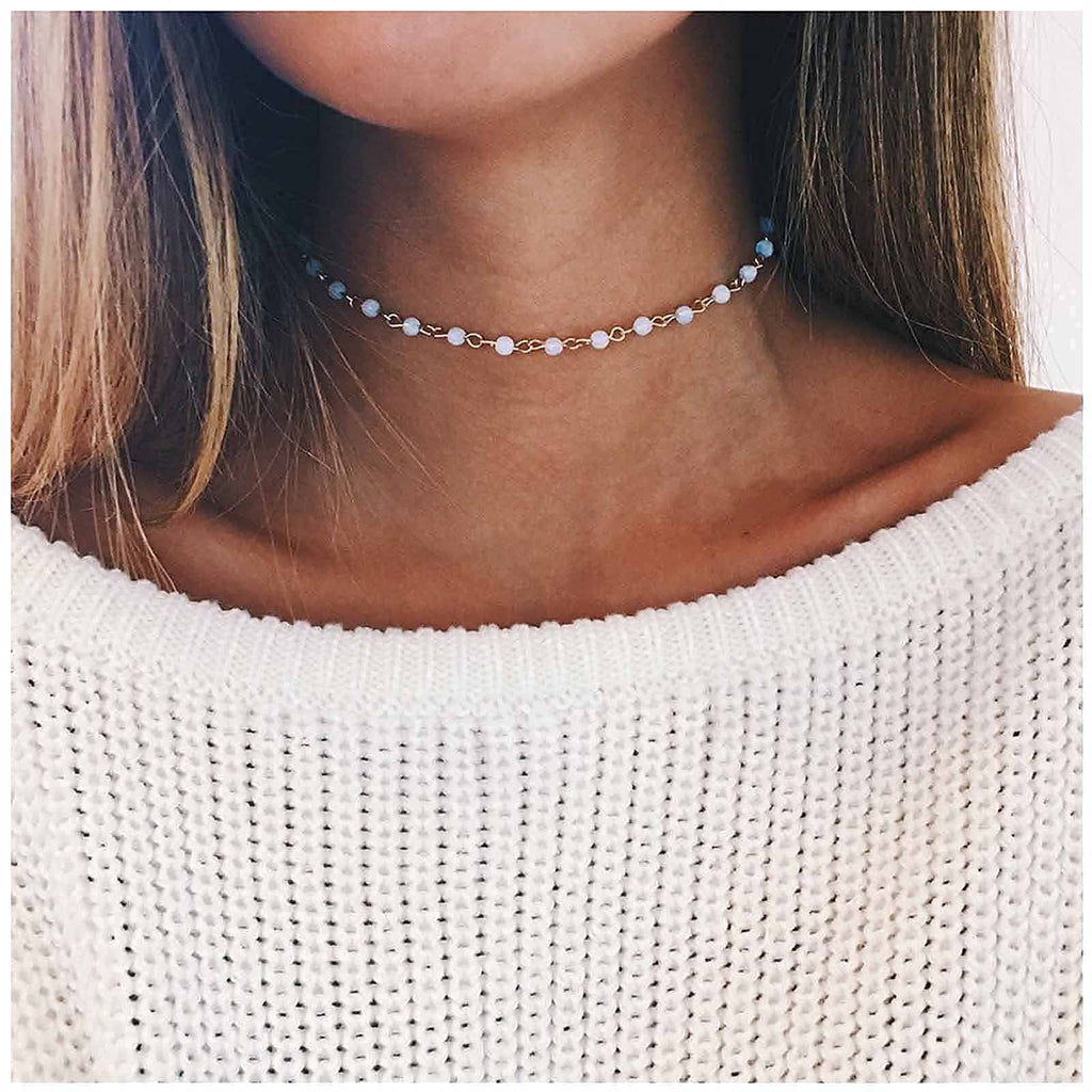 [Australia] - Yheakne Boho Opal Moonstone Choker Necklace Tiny Beaded Necklace Chain Short Chain Necklaces Jewelry for Women and Teen Girls Gifts 