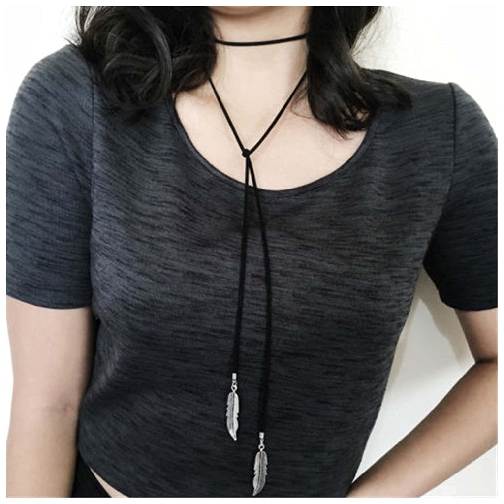 [Australia] - Yheakne Gothic Long Black Suede Necklace Lariat Lasso Velvet Wrap Necklace Black Stacking Leather Necklace Jewelry for Women and Girls (Silver Leaf) Silver Leaf 