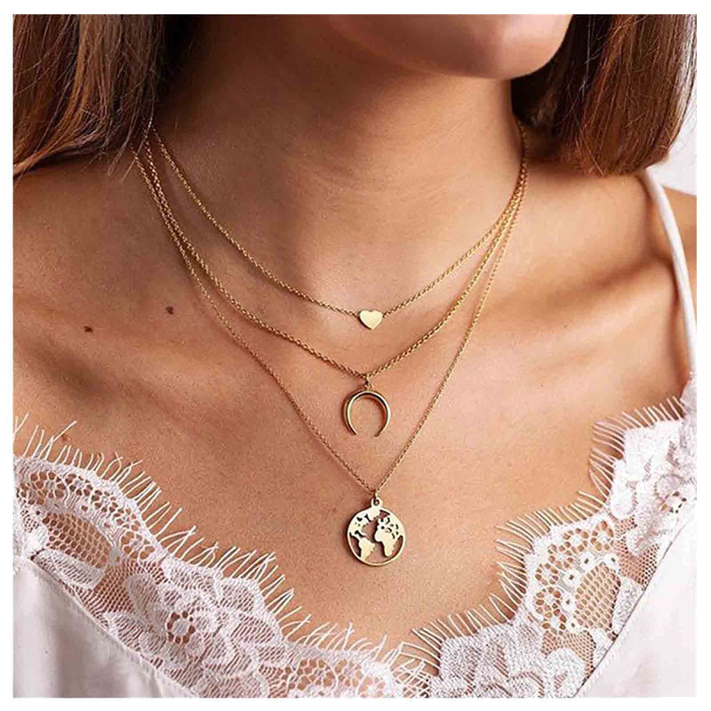 [Australia] - Yheakne Boho Layerer Map Heart Necklace Gold Crescent Moon Pendant Necklace Chain Vintage Multi Layer Chain Necklace Jewelry for Women and Girls 