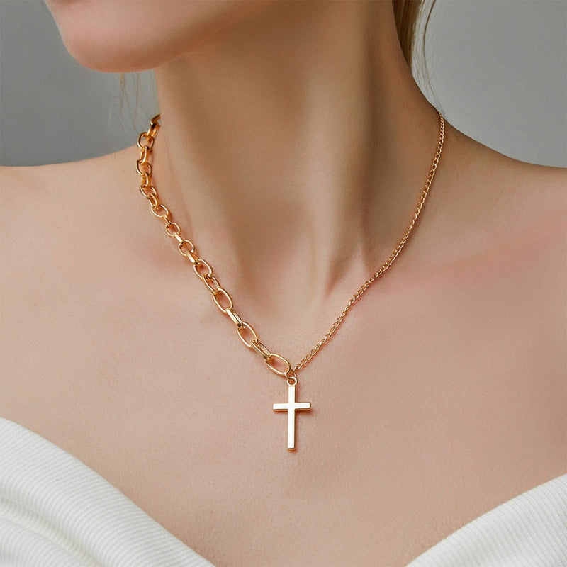 [Australia] - Sttiafay Dainty Cross Pendant Necklace Asymmetric Cuban Link Chain Thin Italian Box Chain Choker Collar Necklaces Body Accessories for Women and Girls (Gold) Gold 