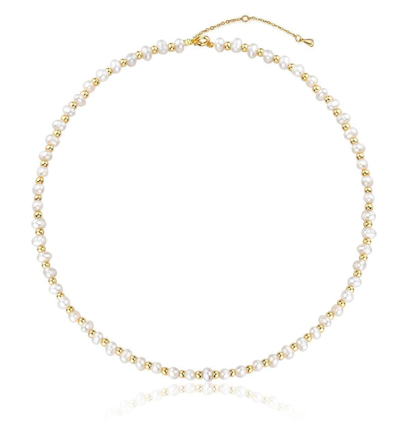 [Australia] - Tiny Pearl Choker Necklace 4mm Cultured Handpicked Pearl 18K Gold Plated Bead Ball Chain Dainty Jewelry Gifts for Women Girls 