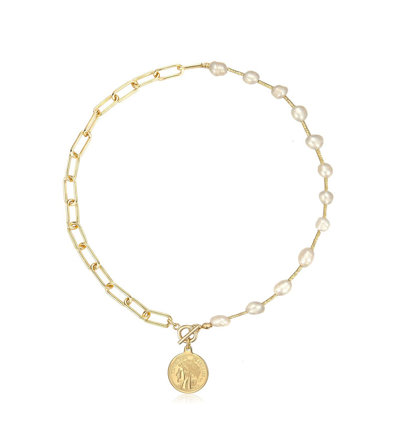 [Australia] - Coin Pendant Pearl Necklace 18K Gold Plated Paper Clip 8mm Handpicked Pearl Trendy Choker Jewelry Gifts for Women Mom 