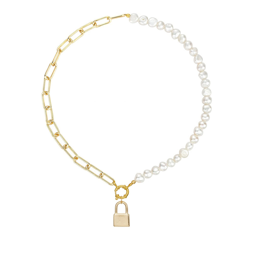[Australia] - Lock Pendant Paper Clip Pearl Necklace 18k Gold Plated Chunky Chain 10mm Cultured Handpicked Pearl Vintage Half Pearl Half Chain Stylish Necklace for Women Girls 