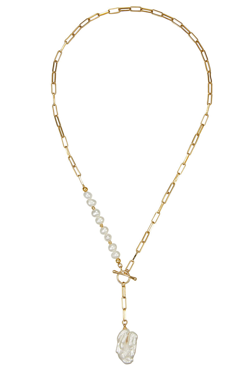 [Australia] - Paper Clip Necklace, Pearl Pendant Necklace 18k Gold Plated Chunky Chain 3cm Irregular Pearl Charm Vintage Stylish Necklace for Women Girls 