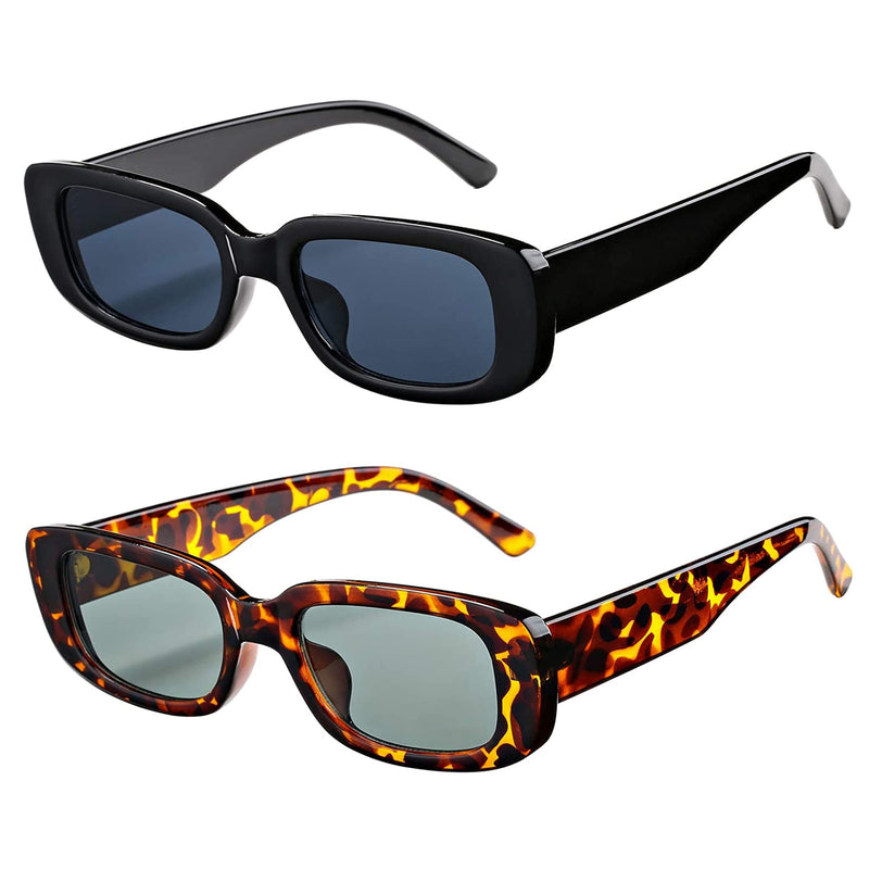[Australia] - OYMI Rectangle Sunglasses Retro Driving Glasses Narrow Square Frame UV400 Protection Eyewear for Women Men Black Frame Grey Lens + Leopard Frame Dark Green Lens 