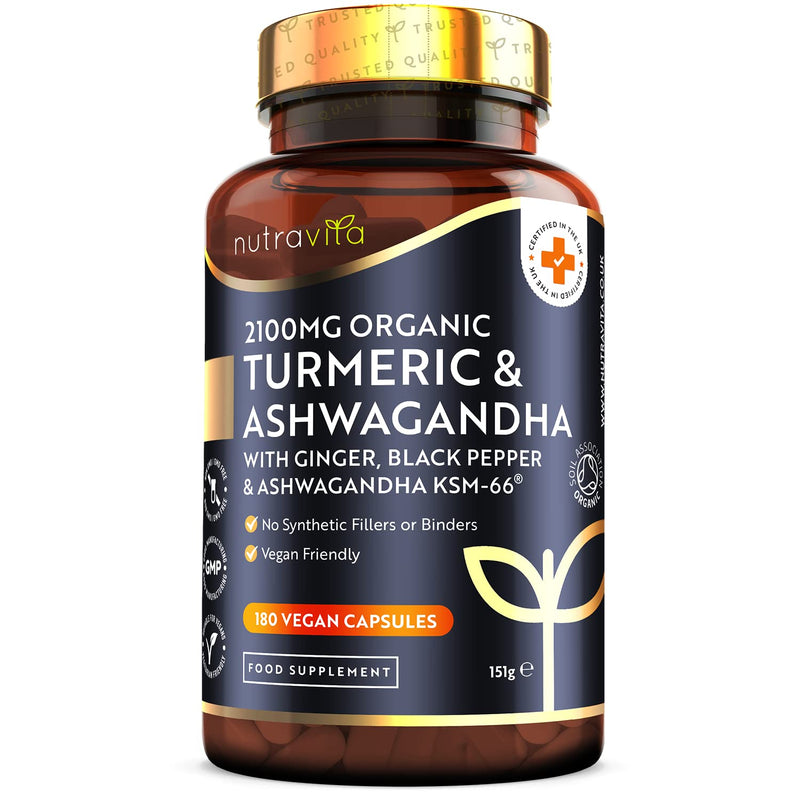 [Australia] - Organic Turmeric 2100mg (High Strength) & Ashwagandha KSM-66 � with Ginger & Black Pepper - 180 Vegan Capsules (2 Month Supply) - Ayurveda Supplement - Made in The UK by Nutravita 