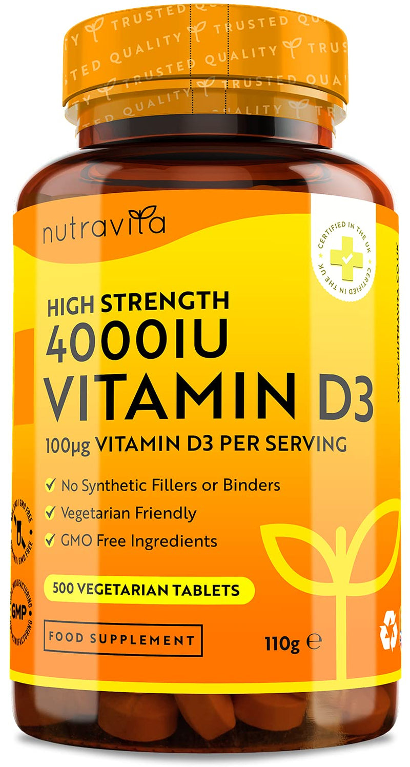 [Australia] - Vitamin D 4000 IU - 500 Micro Tablets - Max Strength - 16 Month Supply - Hight Strength Vegetarian VIT D3 - Vitamin D3 Supports Your Immune System & Bone Health - Made in The UK by Nutravita 