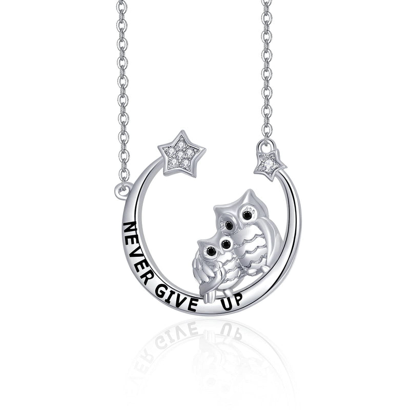 [Australia] - KINGWHYTE Owl Necklace Sterling Silver Never Give Up Moon Star Pendant Necklace Jewelry Gifts for Women Girls 