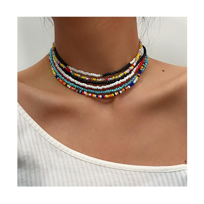 [Australia] - Seed Bead Choker Necklace Tiny Beaded Choker Boho Colorful Choker Necklace Chain Jewelry for Women and Girls(7PCS) 