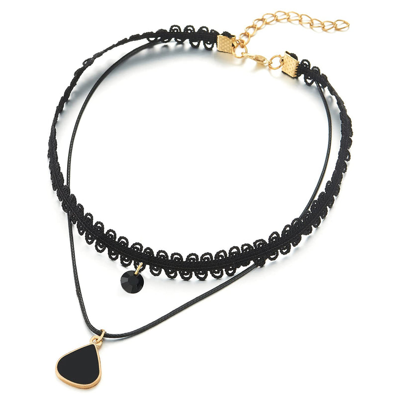 [Australia] - COOLSTEELANDBEYOND Ladies Black Lace Choker Necklace with Black Enamel Teardrop Charm and Black Gem Stone Pendant 