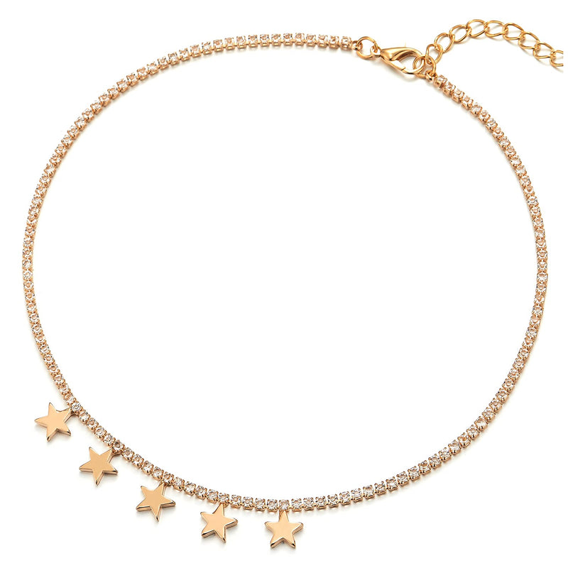 [Australia] - COOLSTEELANDBEYOND Womens Cubic Zirconia Pave Link Chain Choker Pendant Necklace Dangling Star Pentagram, Rose Gold 
