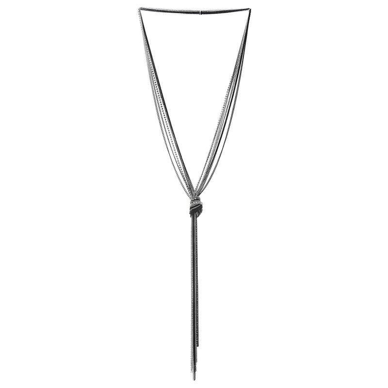 [Australia] - COOLSTEELANDBEYOND Chic Silver Black Lariat Necklace Tassel Pendant with Rhinestones, Multi-Strand Long Chains Y-Shape 