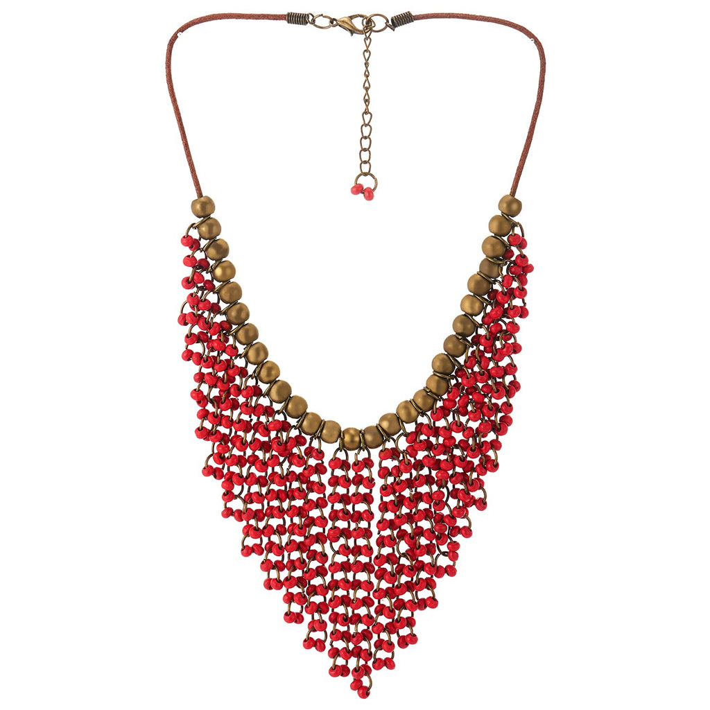 [Australia] - COOLSTEELANDBEYOND Red Wood Beads Tassel Statement Necklace Bib Collar Multilayer Pendant with Aged Brass Beads, Dress 