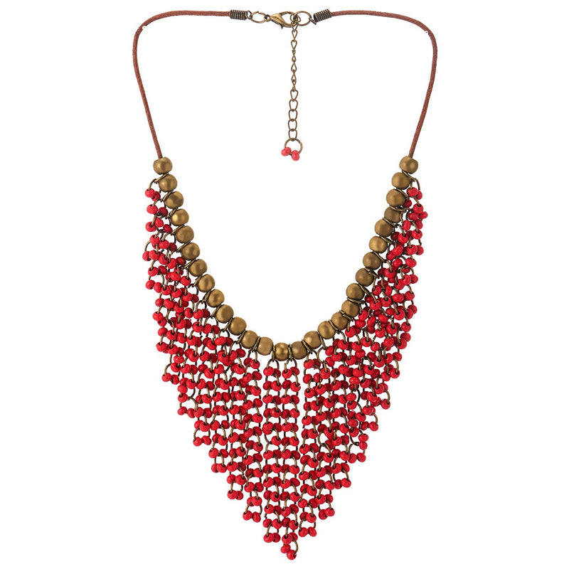 [Australia] - COOLSTEELANDBEYOND Red Wood Beads Tassel Statement Necklace Bib Collar Multilayer Pendant with Aged Brass Beads, Dress 