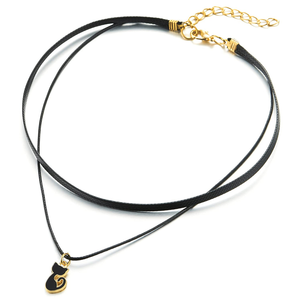 [Australia] - COOLSTEELANDBEYOND Ladies Black Choker Necklace with Dangling Black Enamel Kitty Cat Charm Pendant 