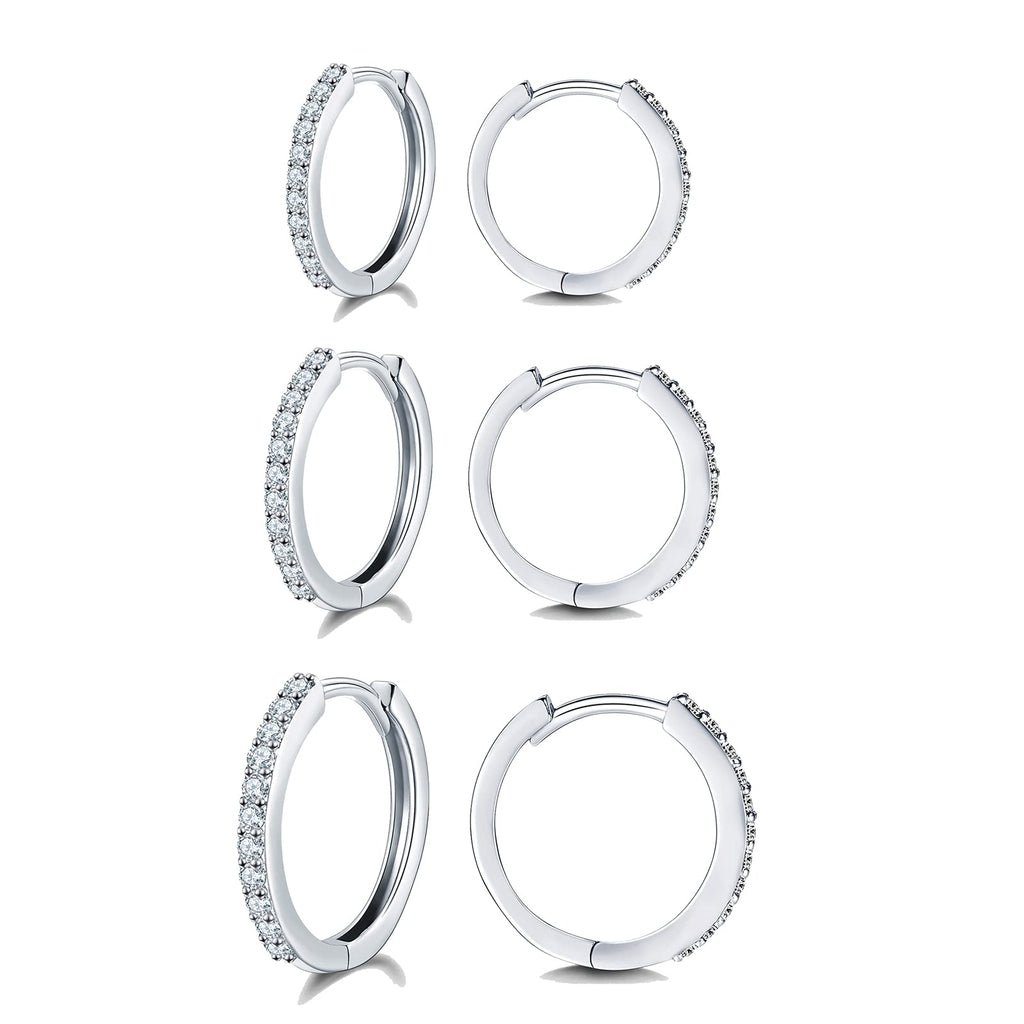 [Australia] - wynn's Silver Hoop Earrings for Women, 925 Sterling Silver Hoop Earrings Set, Unisex Small Cartilage Sleeper Hoop Earrings with Cubic Zirconia, Size 10, 12, 14mm, 3 Colors in Silver, Gold, Rose Gold 3 Pairs - Silver - 10 & 12 & 14mm 